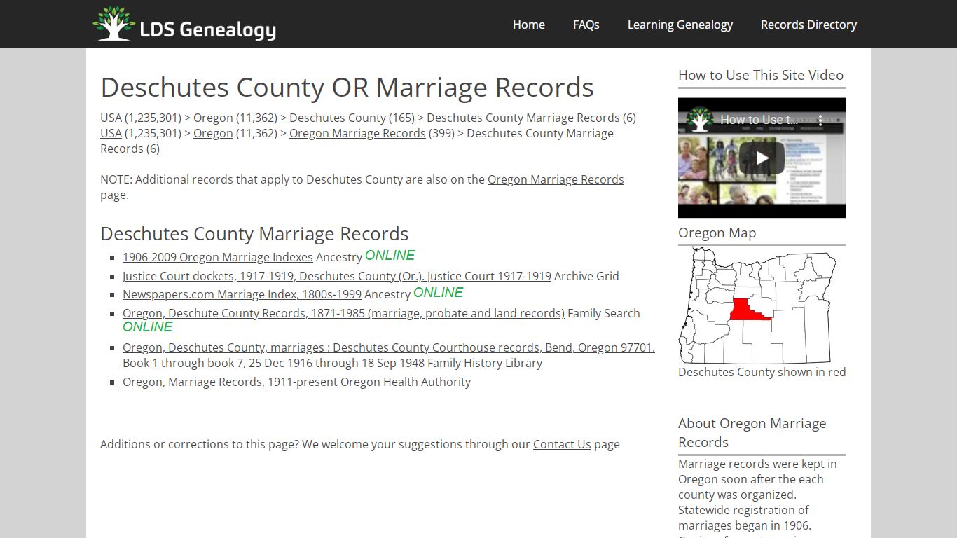 Deschutes County OR Marriage Records - LDS Genealogy